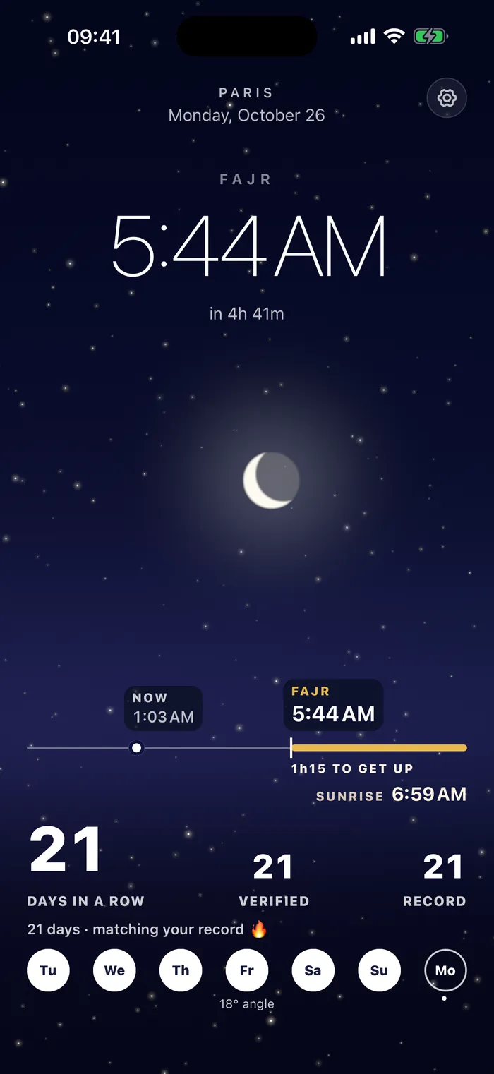 Bedless Fajr home screen at night in Paris: Fajr time, sunrise timeline, days in a row, verified, record