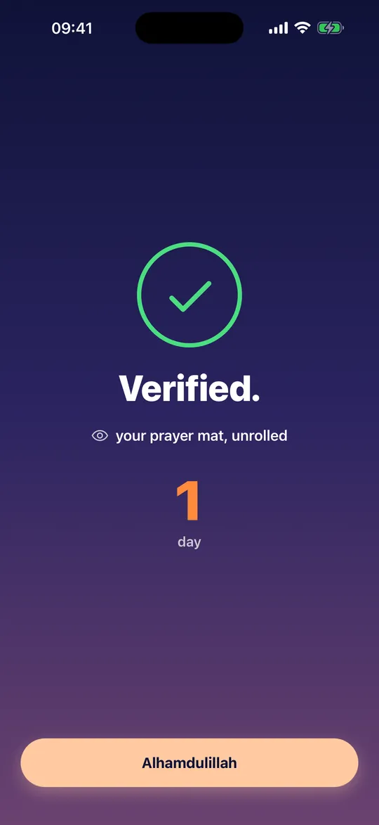 Bedless Fajr success screen: Verified, what the AI saw (your prayer mat, unrolled), 1 day